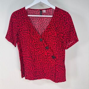 Divided Red and Black Leopard Print Blouse. Size 2